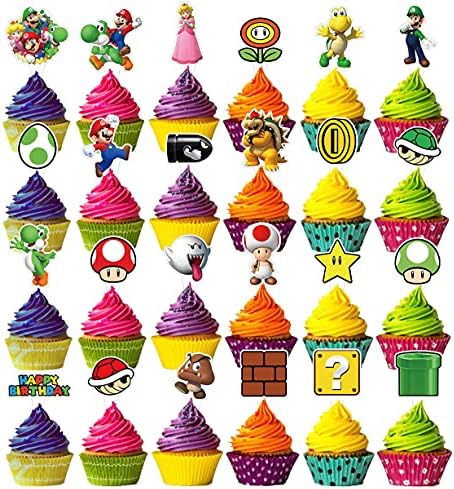 Mario Cupcake Toppers for Mario Theme Birthday Party Decoration Supplies （48PCS）