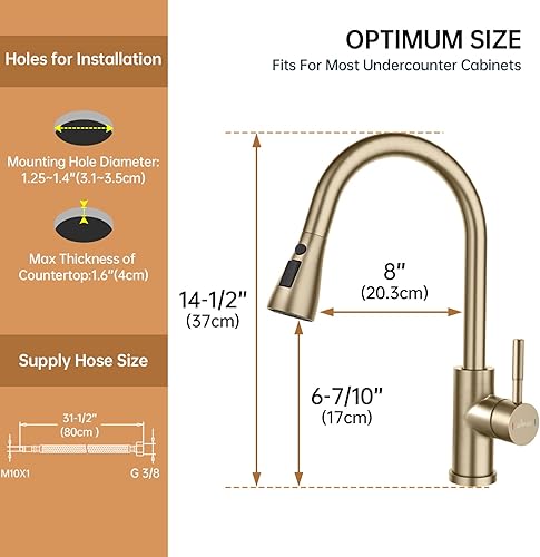 Miniatura 5 de APPASO Grifo de cocina dorado con dispensador de jabón, grifo de cocina dorado cepillado de 2 agujeros con rociador extraíble, 3 modos, grifo de