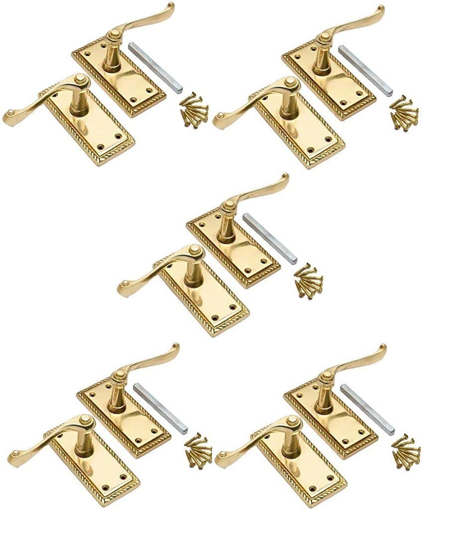 Golden Grace Georgian Roped Edge Lever Latch Door Handle in Premium Polished Brass Finish, 5 Pairs - 107mm x 48mm