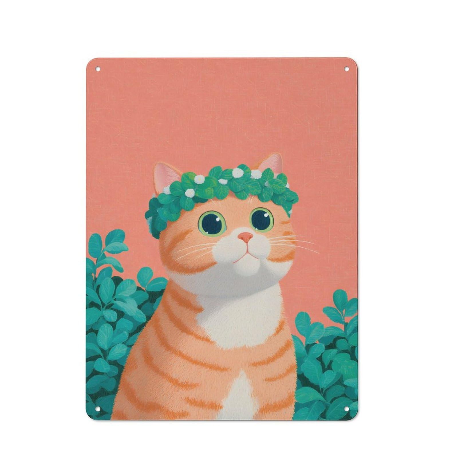 Junmoney Style-16 Vintage Metal Plaque 40X30cm Featuring Cat With Flower Crown Illustration For Home Bar Wall, A Metal Wall Feature For Home Bars And Entertaining Spaces