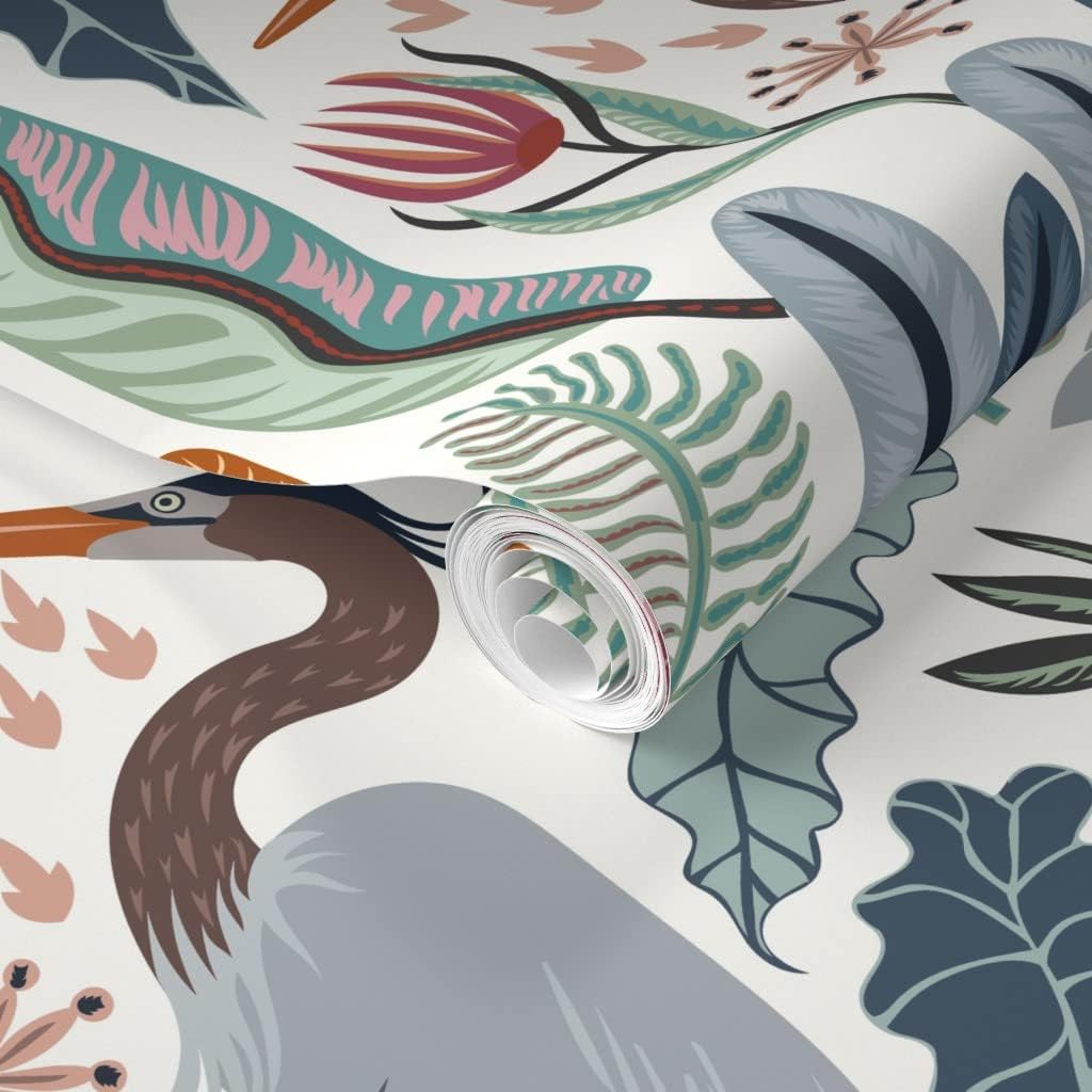Removable Wallpaper 9ft x 2ft - Heron Botanical Large Scale Cranes Marshland Habitat Custom Pre-Pasted Wallpaper by Spoonflower