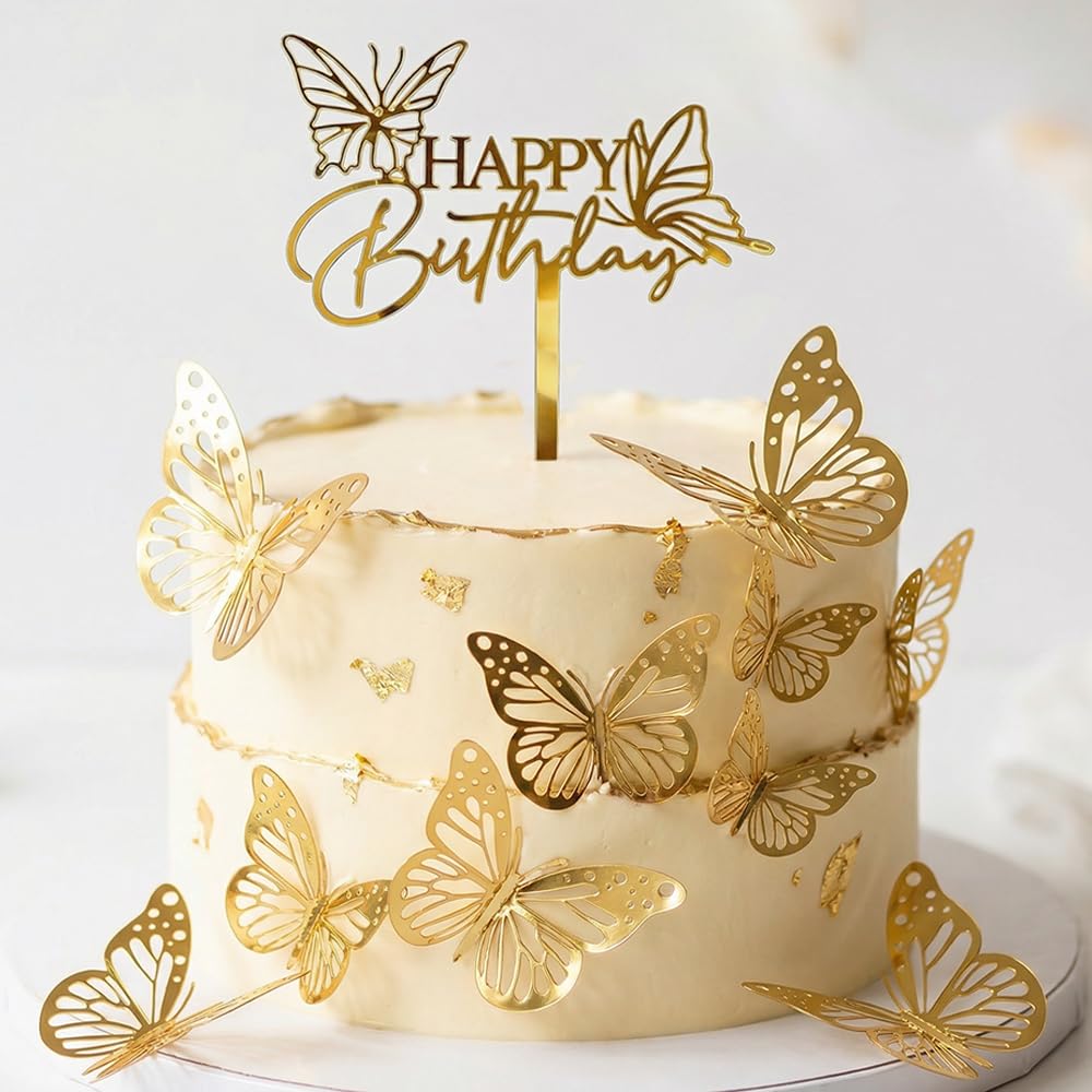 Gold Acrylic Happy Birthday Cake Topper - Butterfly Theme Cake Decorations Set with Improved Shockproof Packaging for Women's Birthday Party (12PCS)