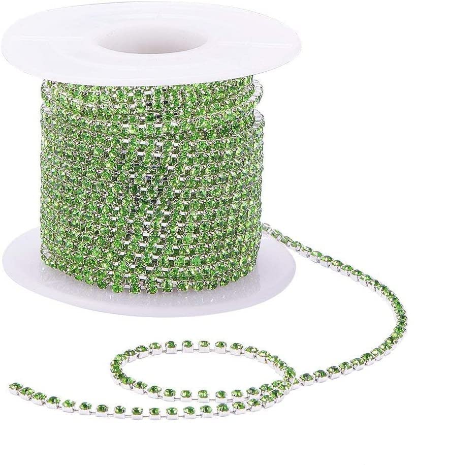 RayLineDo 3A Class 2mm Light Green Rhinestone Diamante Silver Plated Chain 10 Yard Lenght for Wedding Supplies DIY Sewing Craft Jewellery Making Party Decorations