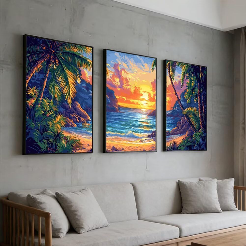 Wandbilder Strand 60x80cm, 3Pcs Leinwand Bilder Groß Wanddeko Wohnzimmer, Baum Leinwand Bilder mit Rahmen, Moderne Wandbilder Wohnzimmer Poster Set mit Haken, Wanddeko Schlafzimmer Poster Set, -2174