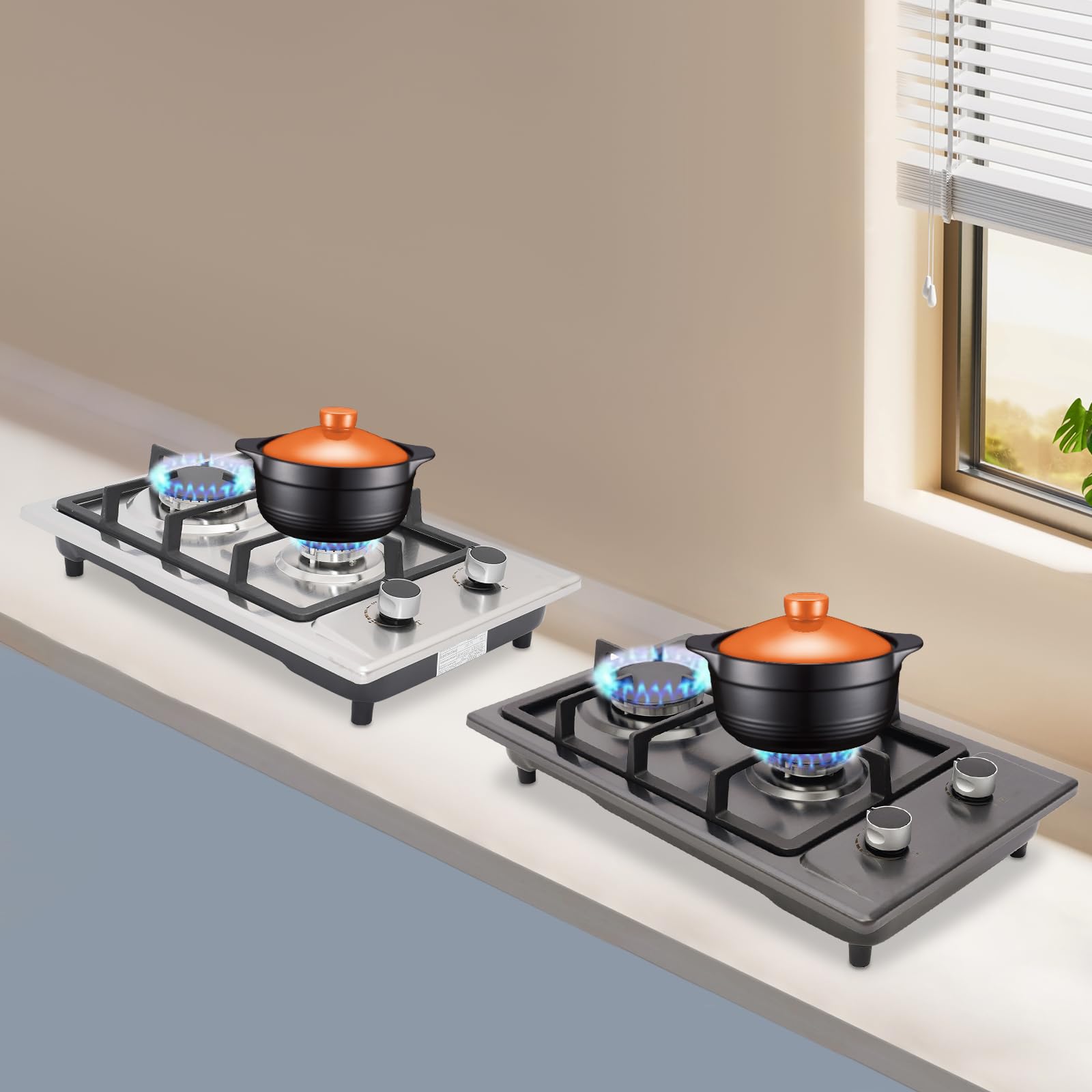 Hornillo de gas para camping, estufa de gas, 2 fuegos, 3 KW + 1,75 kW, doble quemador, compatible con LPG NG, mesa de acero inoxidable, encendido por pulsos, RV, camping, barbacoa, cocina al aire