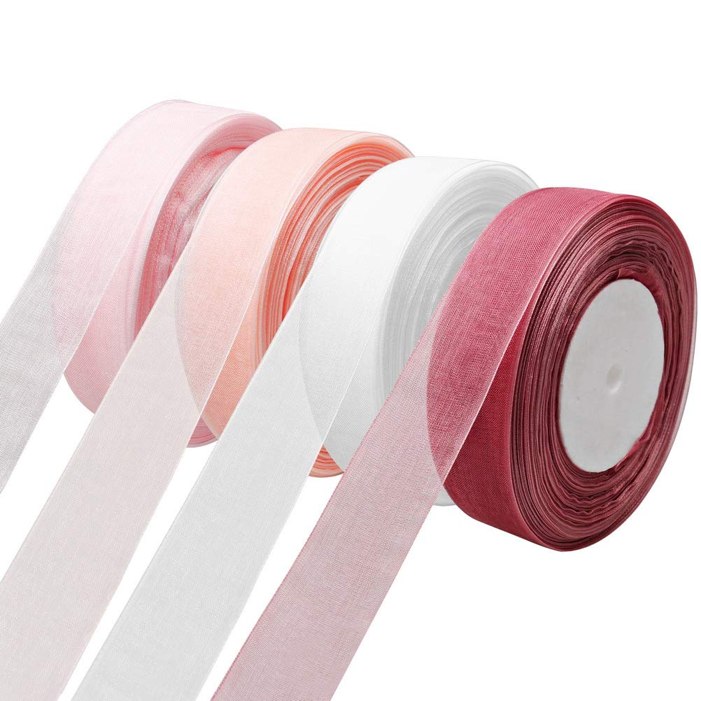 kuou 4 Rolls Sheer Organza Ribbon, 25mm x 45m Each Roll Gift Ribbon Chiffon Ribbon roll for DIY CraftsŒGift WrappingŒBouquet ŒBows, Wedding Party Decorations (4 Colour )