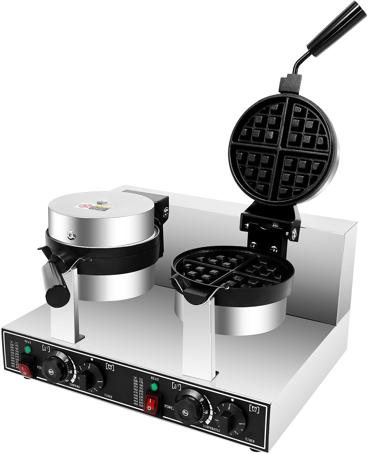 Commercial Waffle Maker Double Heads,Rotating Non-stick Coating Round Belgian Waffle Maker 2600W Stainless Steel Waffle Iron Machine for Restaurant Bakeries Snack Bar,Temperature and Time Control