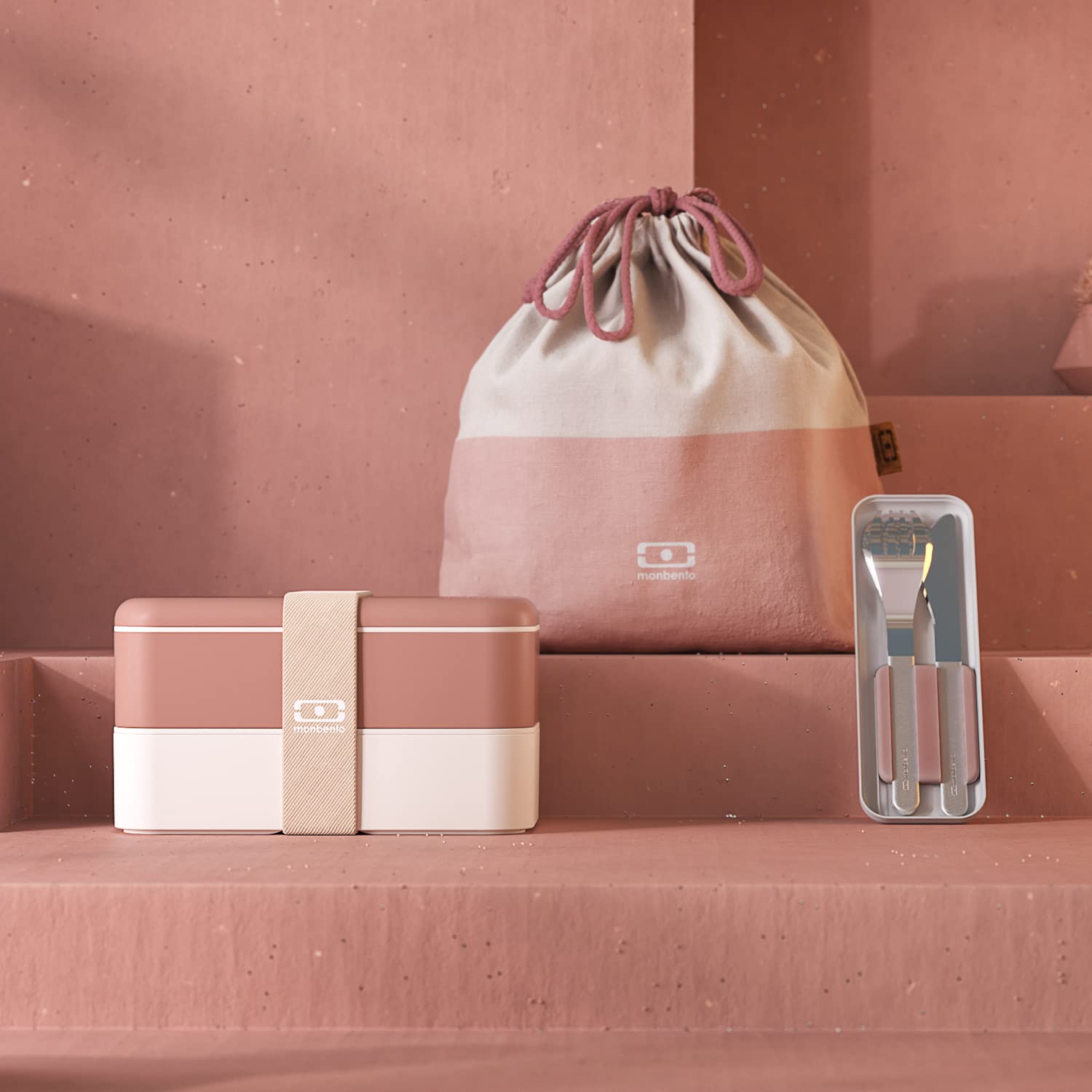 monbento - Scatola Regalo Pranzo - Con Bento Box MB Original Moka Made in France, Borsa MB Pochette L Natural, Set di Posate MB Slim Box Moka - Rosa - Idea Regalo Originale