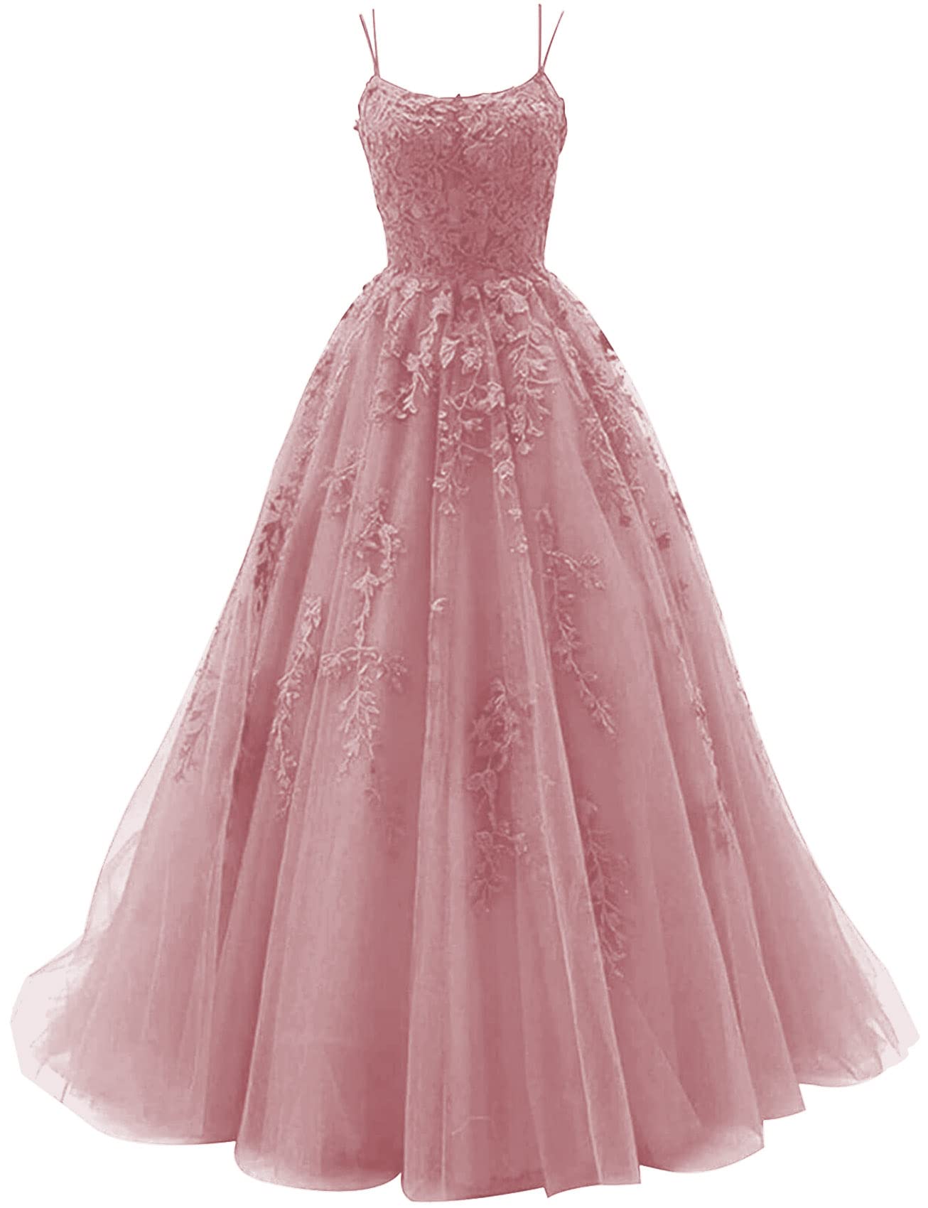 Tulle Lace Appliques Prom Dresses Long Ball Gown for Women Spaghetti Straps Corset Backless Evening Dress