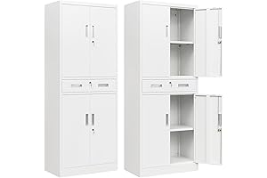 Classroom Storage Cabinet - BESFUR Metal Cabinet with Drawer and Adjustable Shelves