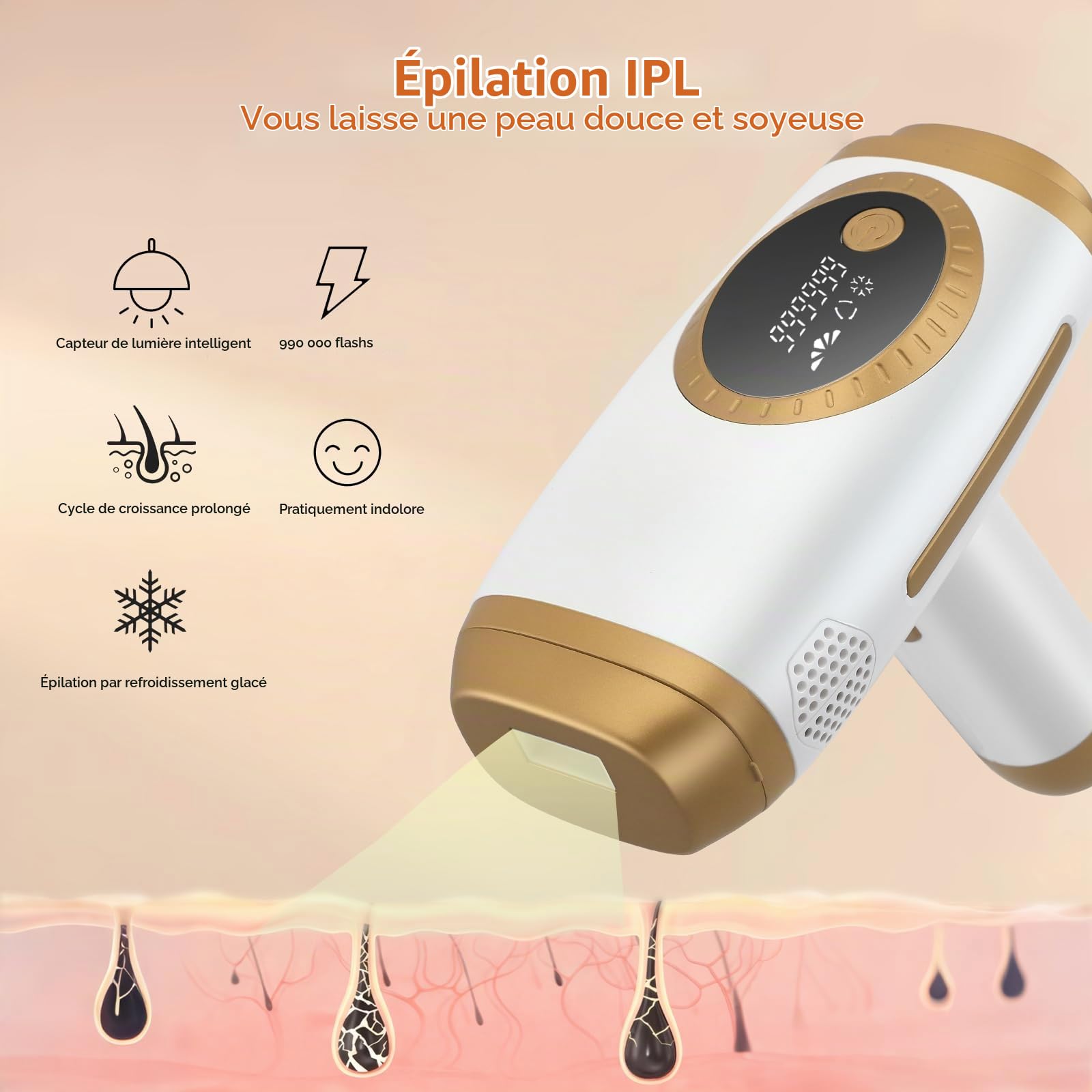 Epilateur electrique, 990 000 flashs, 5 niveaux d'énergie, 2 modes Automatique/Manuel, épilation laser, Impulsions lumineuses pour hommes et femmes, idéal pour le visage et le corps