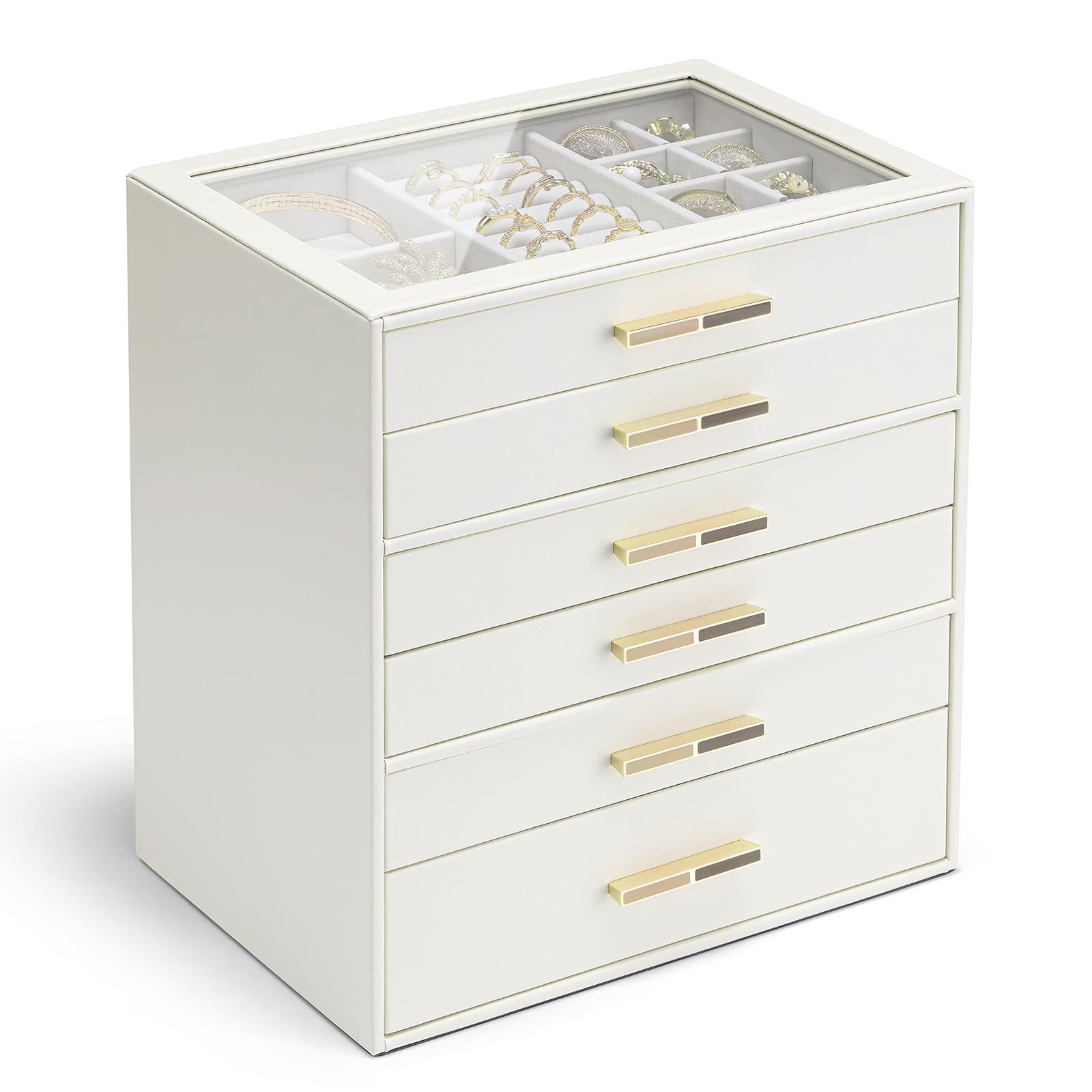 VLANDO 6-Drawer Jewelry Box with Glass Lid Faux Leather Organizer for Rings Earrings Necklaces and More Gift-Ready Jewelry