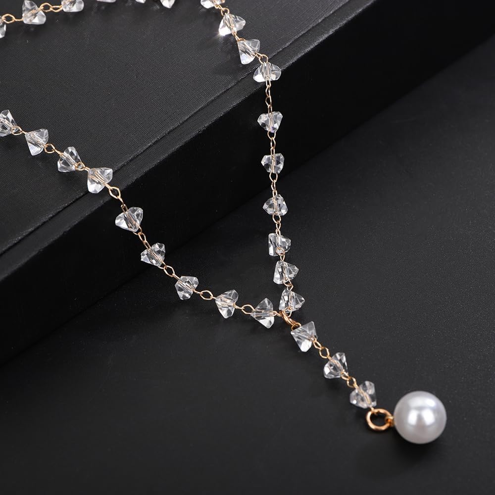 Jumwrit Sparkle Rhinestone Choker Necklace Dainty Pearl Drop Pendant Y Necklace Boho Beaded Fashion Necklace Jewelry for Women Girls - Image 6