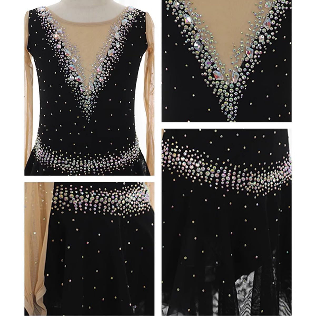 purpleq Damen Eiskunstlauf Kleid Schwarz Langarm Professionelle Eiskunstlauf Bekleidung Für Mädchen Kürkleid mit Strass Rollkunstlauf Wettbewerb Tanzanzug Gymnastikanzug