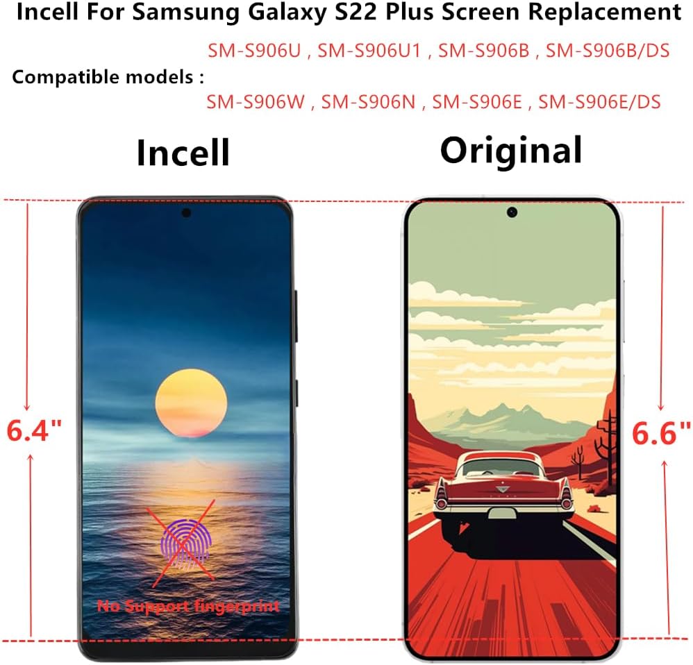 INCELL for Samsung Galaxy S22 Plus Screen Replacement S22Plus 5G LCD Display SM-S906U SM-S906U1 Display Touch Screen Assembly No Fingerprint. (with Black Frame+Back Cover Adhesive+Tools)