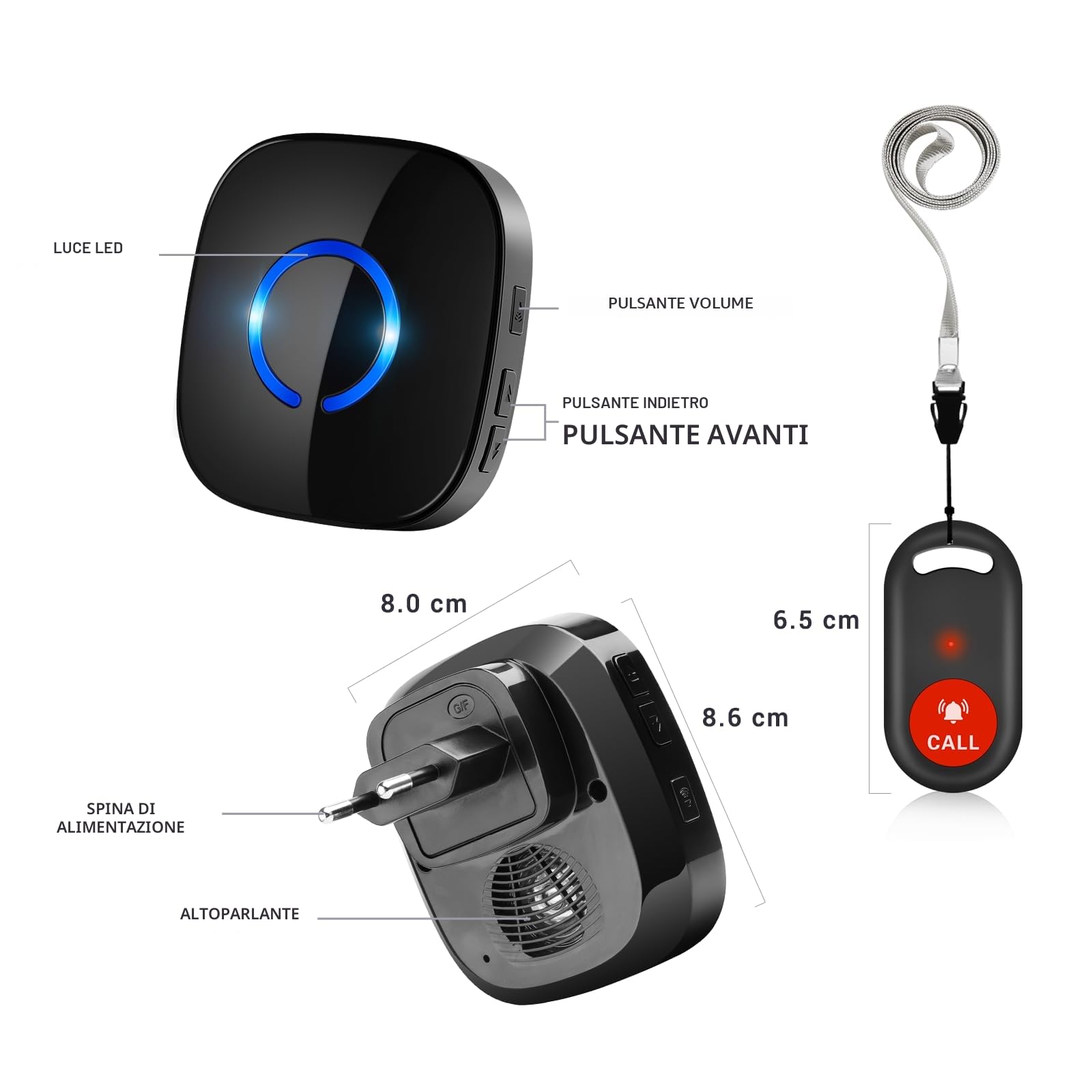 Wireless Pulsante Chiamata Emergenza per Anziani 500FT, 3 SOS Trasmettitore 2 Ricevitori Sistema Allarme Assistenza per Pazienti, Salvavita Anziani Pulsante