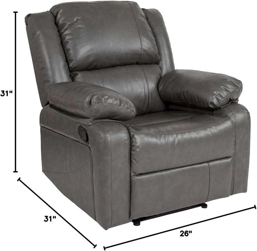 Pemberly Row Contemporary Upholstered Leather Recliner, 36" H x 31" W x 31" D, Gray LeatherSoft Finish, Plush Arms and Pillow Back Cushion, Recessed Lever, Living Room Seating Furniture