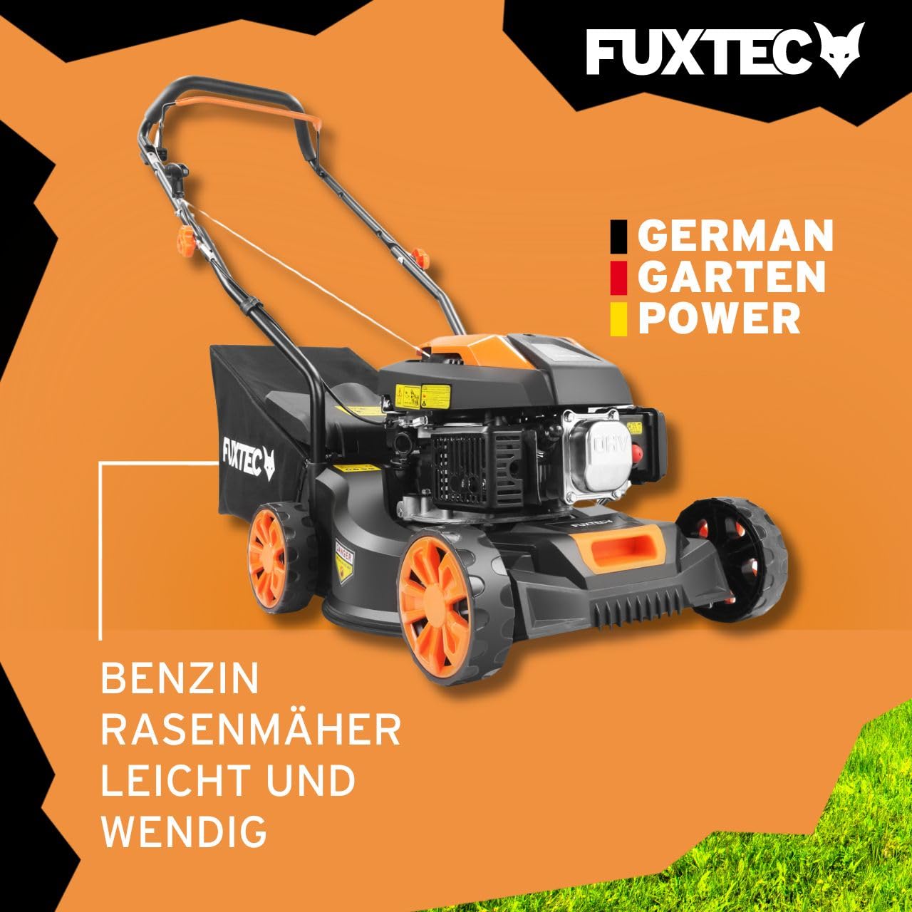 FUXTEC Benzin Rasenmäher FX-RM4180 • 79,8 cm³ 4-Takt Motor • 41 cm Schnittbreite für kleine Flächen • 45L Fangkorb • 3-stufige Schnitthöhe 25–55 mm • leichte 18kg