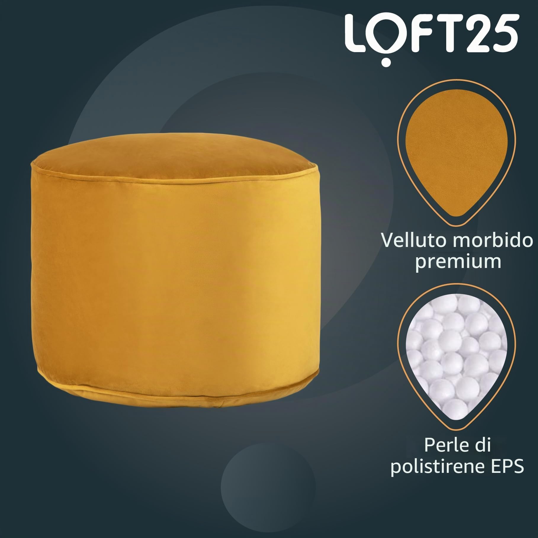 Loft 25 Pouf a Rotondo in Velluto | Pouf Poggiapiedi Imbottito per Soggiorno e Interni | Pouf a Sacco per la Casa | Design Ergonomico per Sostegno del Corpo | Resistente e Confortevole (Tumeric)