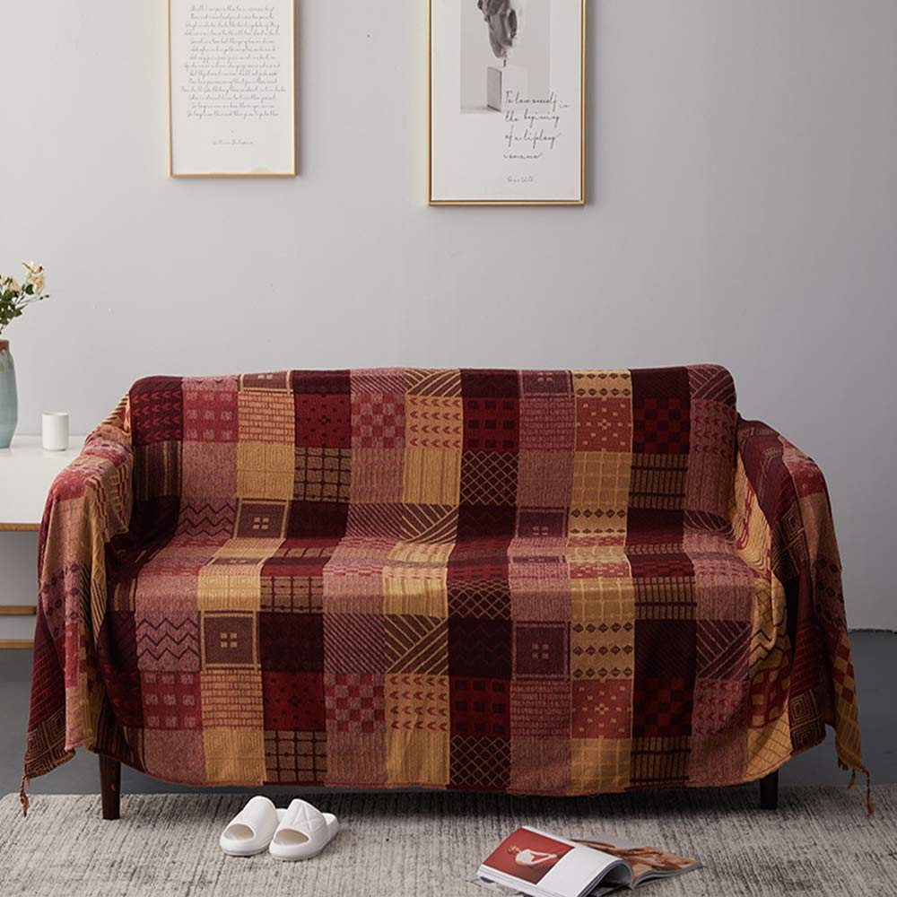 ele ELEOPTION Chenille-Überwurfdecke, Jacquard-Quasten, Überwurfdecke, Sofa, Stuhlbezug, dekorativ für Bett, Couch, weicher Stuhl, Volksstammes-Muster (rotes Gitter, 150 x 190 cm)