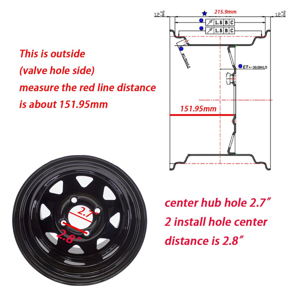 12x8.5 WHEEL RIM for Zero Turn Mowers Garden Lawn Tractors 12 x 8.5 For Kubota John Deere, 4 Lugs Bolt Circle 4 inch,backspace 3.25 inch