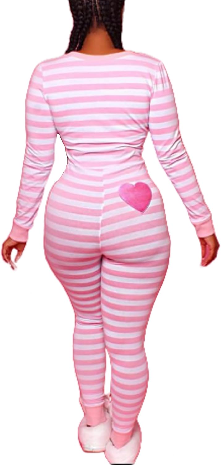 Women Striped Christmas One Piece Pajamas V Neck Long Sleeve Jumpsuit Bodycon Bodysuit Romper Sleepwear