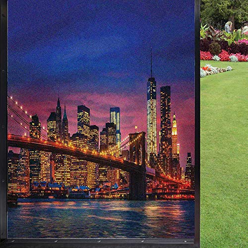 New York Window Film Home Decor,NYC That Never Sleeps Reflections on Manhattan East River City Image Photo Print Stain Glass for Home Office UV Protection,Pink Blue,24x36 inch