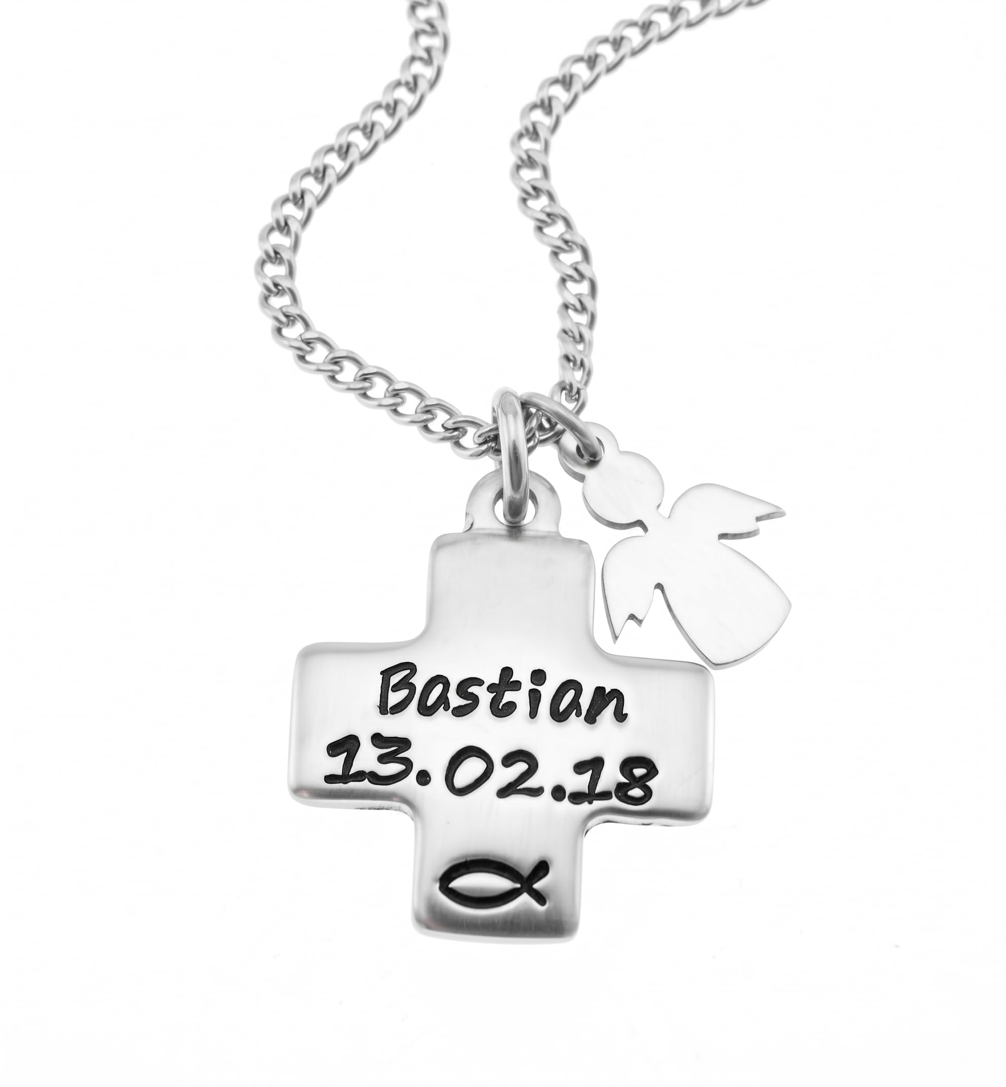 Personalisierte Taufkette mit Kreuz & Engel Anhänger aus Edelstahl – Kreuzanhänger mit Name & Datum Gravur – Individuelles Taufgeschenk für Jungen & Mädchen, Patenkind – Inkl. Wunschkette & Motiv