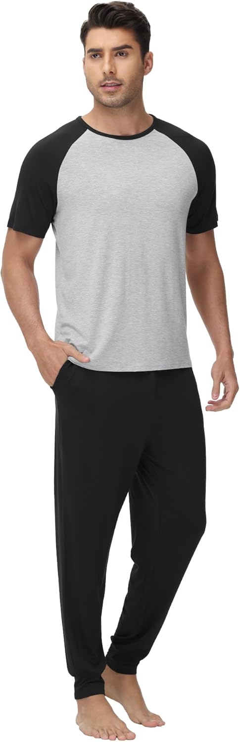 WiWi Mens Pajama Set Short Sleeve Tee Jogger Pants with Pockets Sleepwear Raglan Nightwear Soft Pjs Sets S-XXL