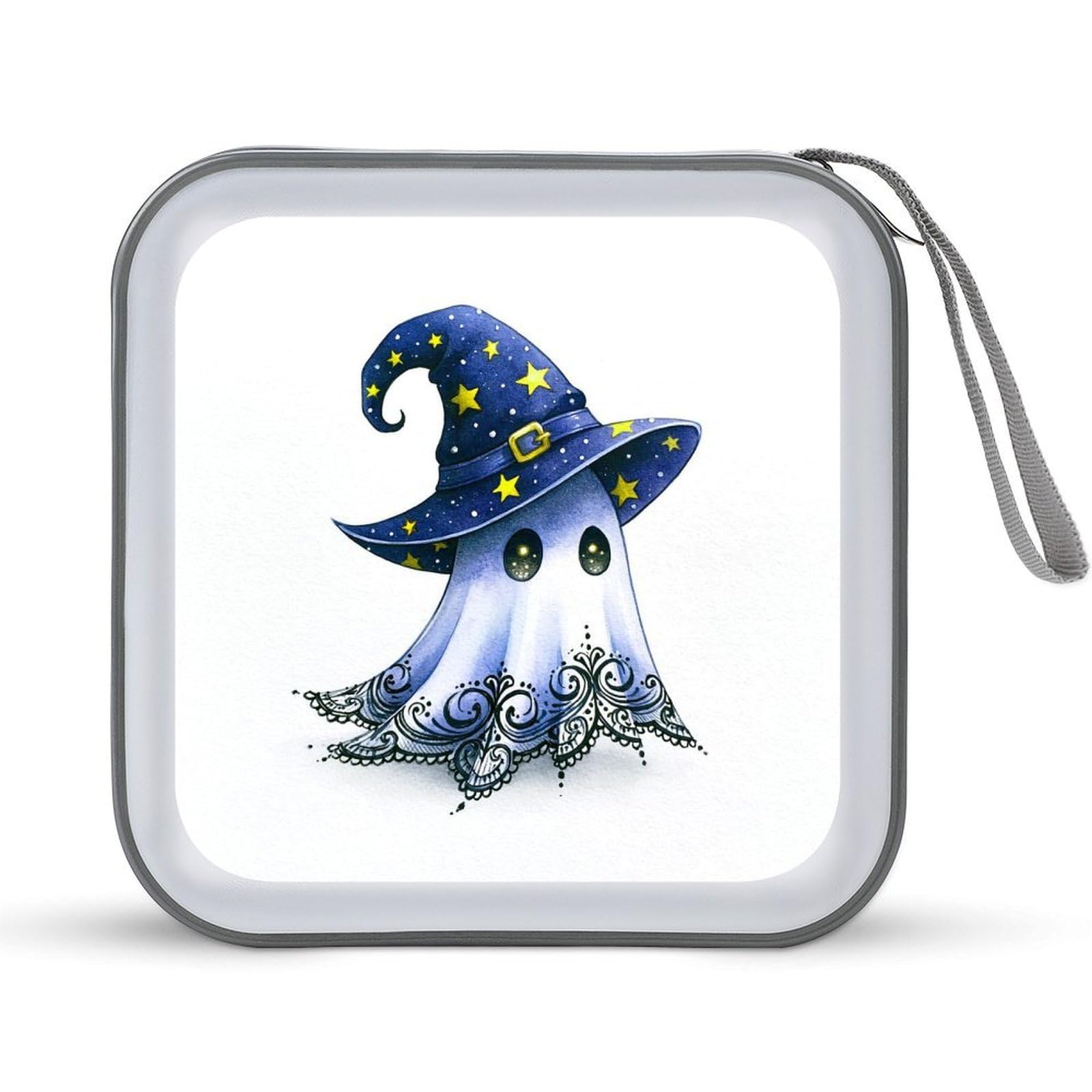 Jubonexis Spooky Cute Ghost Wearing A Witch Hat CD Case DVD Storage Case Portable for Car Home Travel