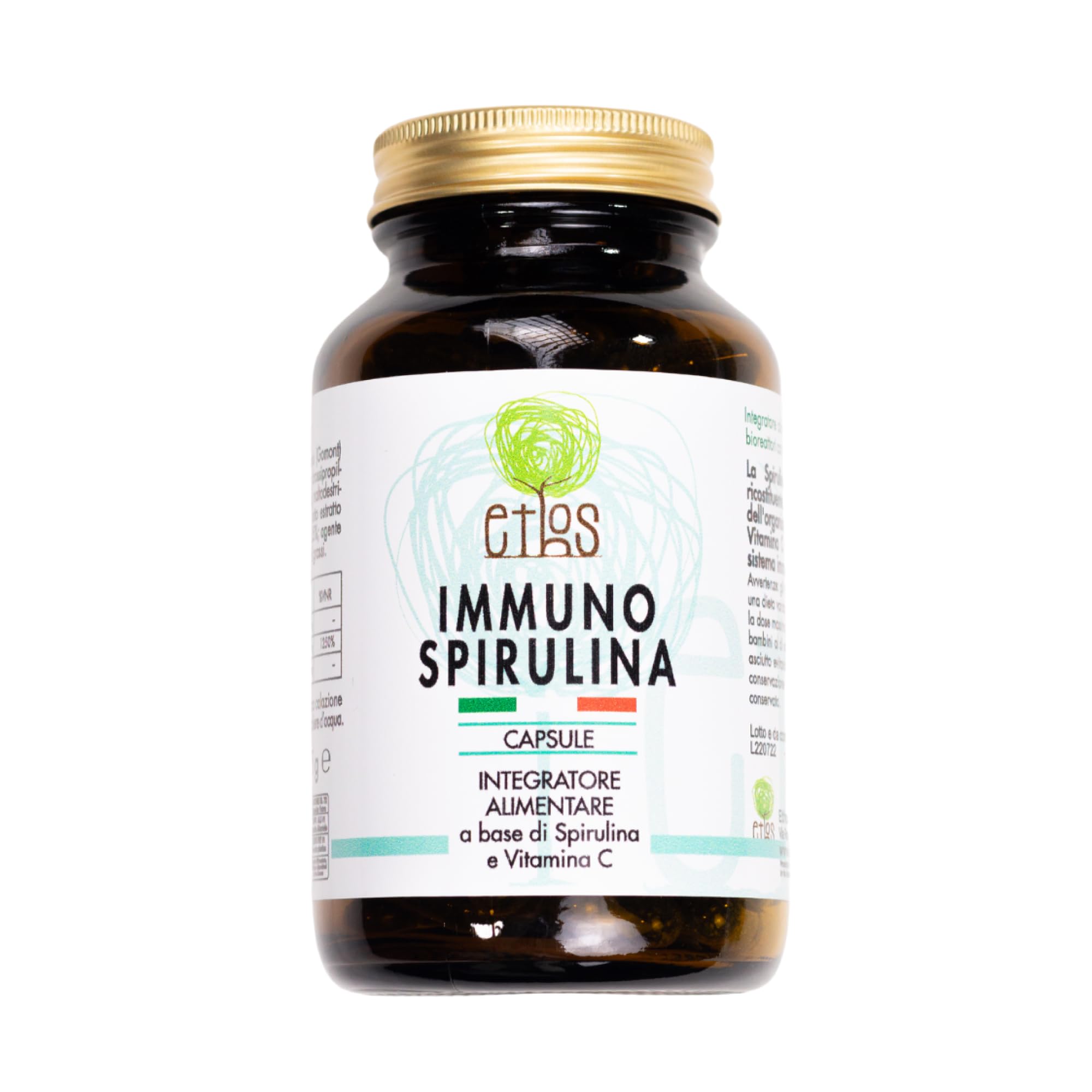 ETHOS Immuno Spirulina in Capsule - Integratore Difese immunitarie con Vitamina C e Acerola, Alga Spirulina Prodotta e Confezionata in Italia, Superfood Naturale, 100 Capsule da 750mg