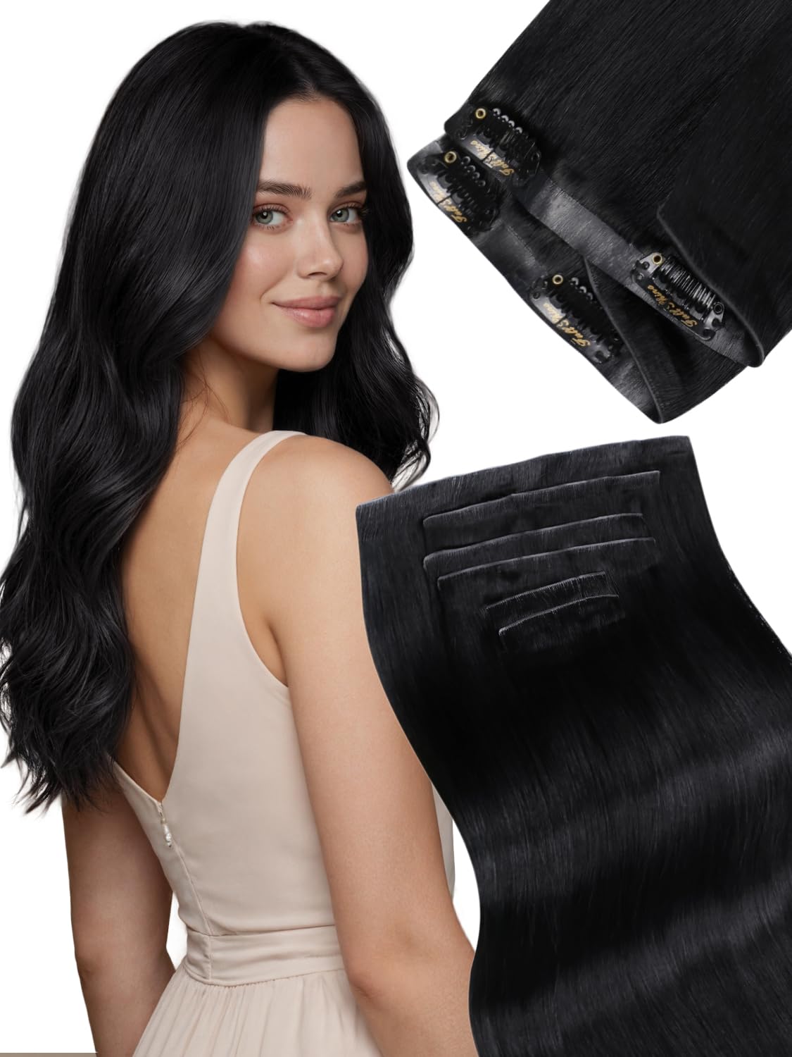 Fshine Extension Capelli Veri Clip Invisibile PU 50 cm 110 g 6 pcs Fissaggio ad alta Densità Extension Clip Capelli Veri Nero Naturale Lisci Umani Confortevole 1B