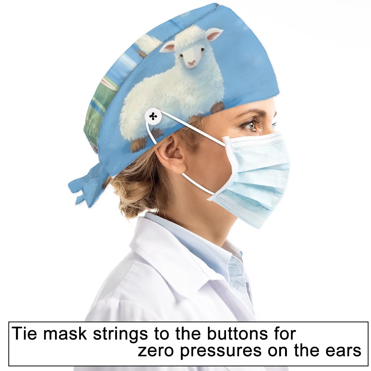 Mularoka Cute Sheep Meadow Working Caps with Button Sweatband Comfortable Adjustable Bouffant Hats Work Hat for Women Men