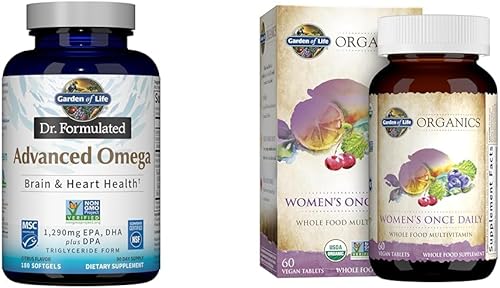 Garden of Life Aceite de pescado omega-3 1,290 mg EPA+DHA+DPA 180 cápsulas blandas y multivitamínico orgánico de alimentos integrales una vez al día