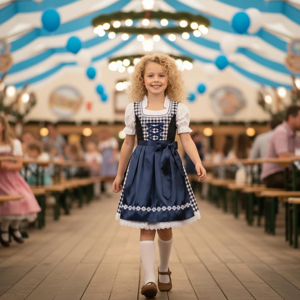 Alte Liebe Mädchen Dirndl Set 3-teilig Klassisches Kinder Trachtenkleid mit Bluse & Schürze – Oktoberfest/Festlich – 92–152
