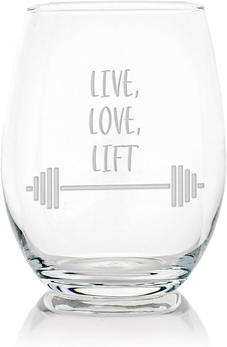 Live Love Lift Workout Barbell Stemless Wine Glass â€“ Fitness and Power Lifting Gift - 2 Glasses