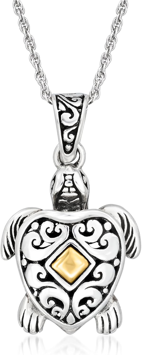 Ross-Simons Sterling Silver Bali-Style Turtle Pendant Necklace With 18kt Yellow Gold. 18 inches