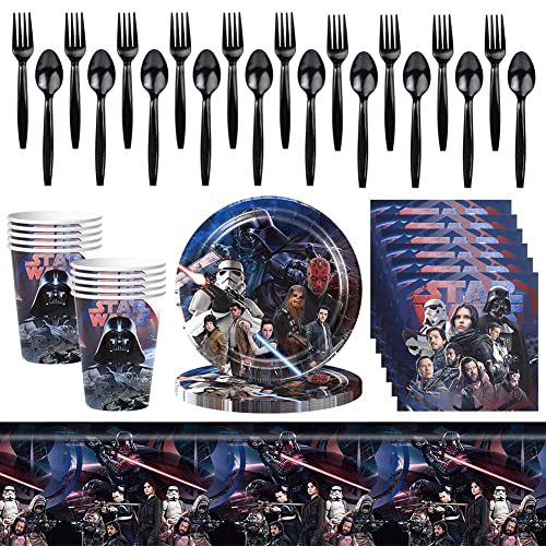 Starwarrs Party Tableware Set, Starwarrs Party Supplies Birthday Decorations Set Birthday Party Tableware Set Includes Plates, Cups, Napkins, Tablecloth for Children's Birthday Party Decoration
