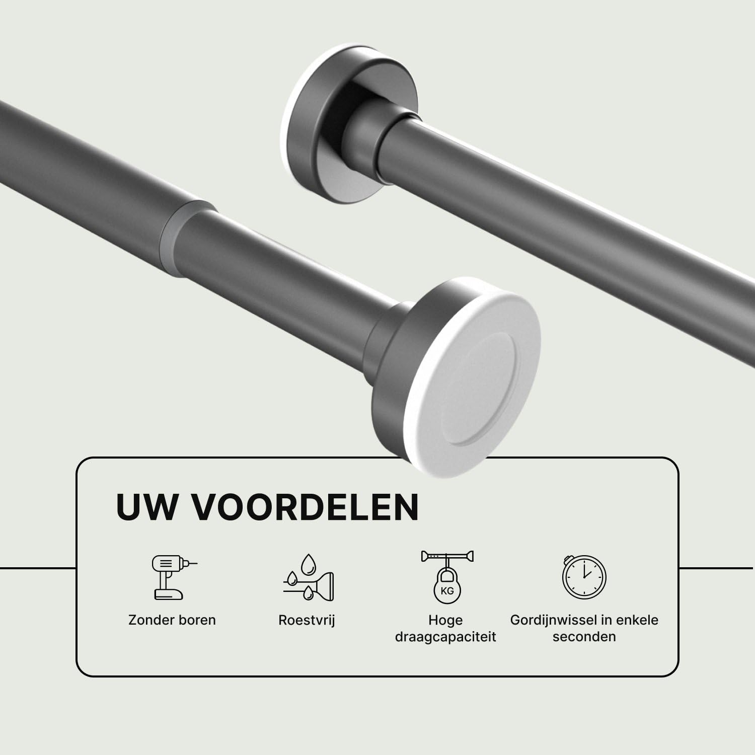 ACAZA - Uitschuifbare Gordijnroede zonder boren of gaten - Stang van 125-220 cm - Zilver