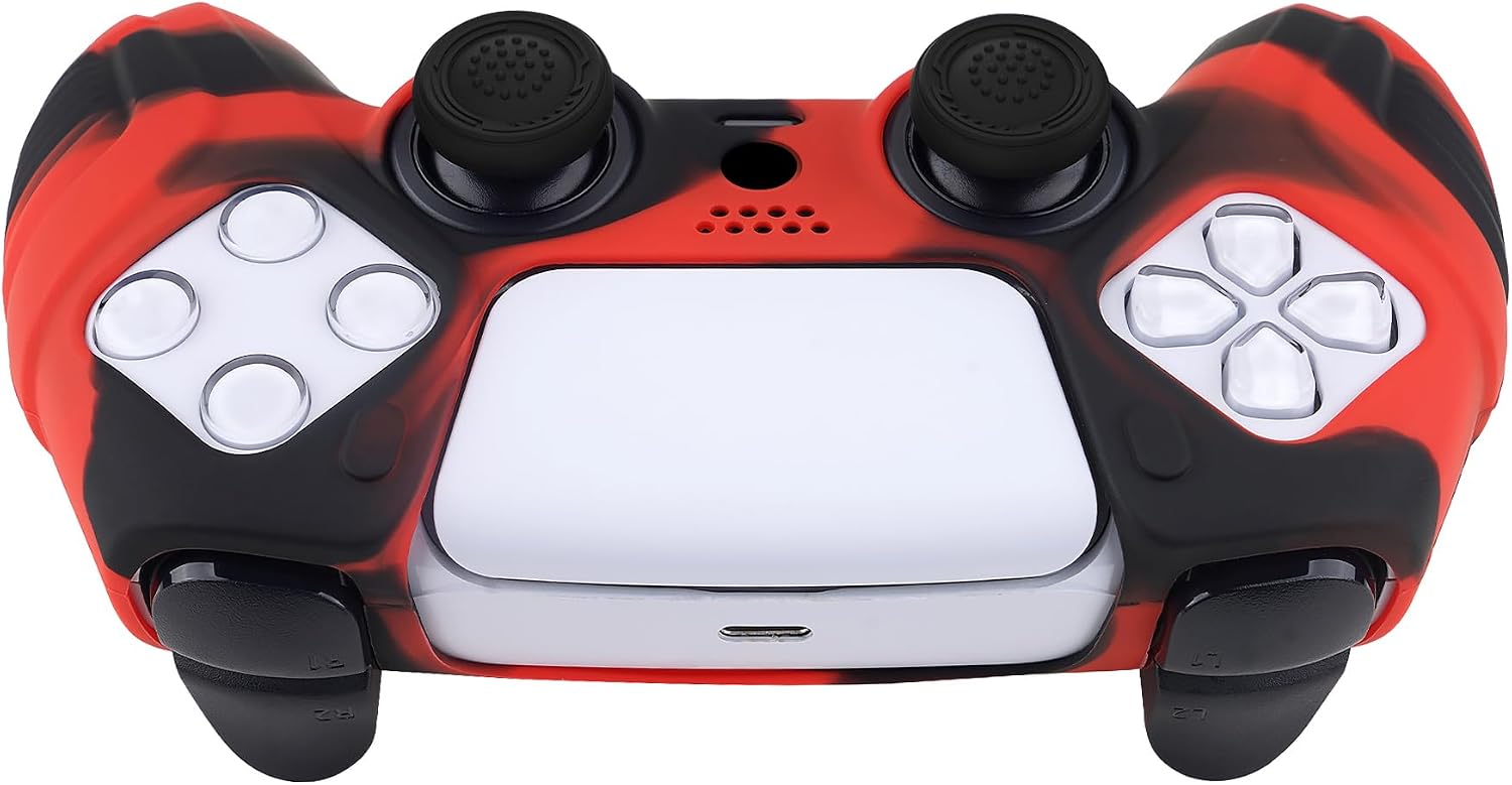 PlayVital Raging Warrior Edition Glow in Dark Controller Protective Case Cover for ps5, Anti-Slip Rubber Protector for ps5, Soft Silicone Skin with Thumb Grips - Red & Black