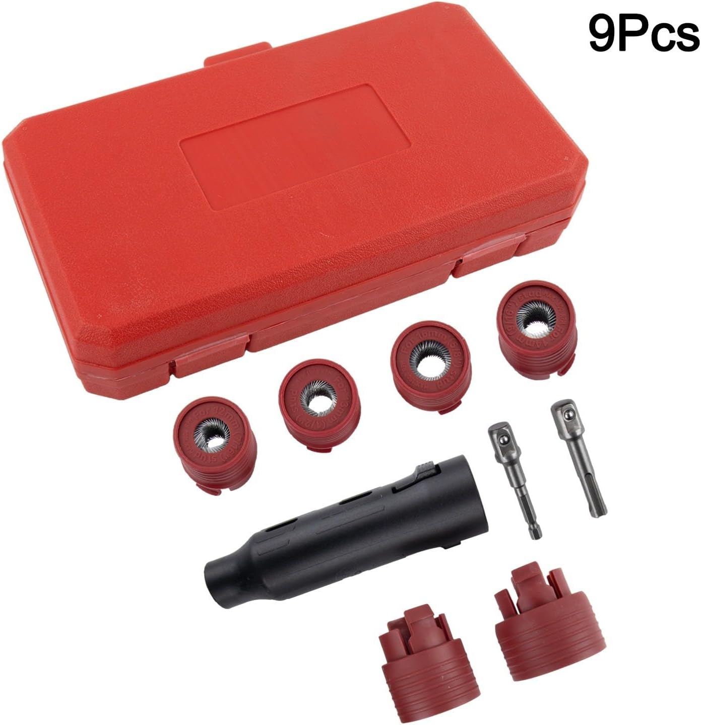 9PCS Wire Brush Wheel Stud Cleaner Set, Steel Brushes for Removing Rust and Debris, Fits 12-28mm Nuts, Drill and Driver Compatible, Red