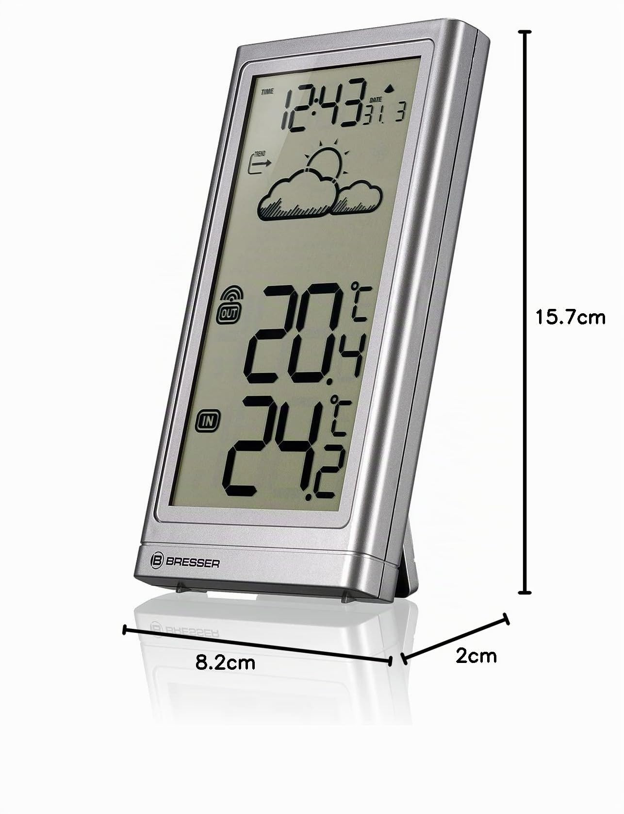 Bresser Station météo sans fil avec capteur extérieur Meteo Temp, thermomètre avec affichage de la température pour l'intérieur et l'extérieur, prévisions météorologiques, avec pied pliable et support