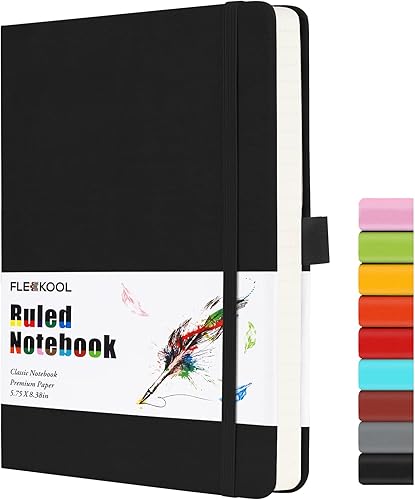 Cuaderno rayado con papel grueso de 3.53 ozm, cuaderno rayado universitario A5 con bucle para bolígrafo, tapa dura, bolsillo interior, 5.75 x 8.38