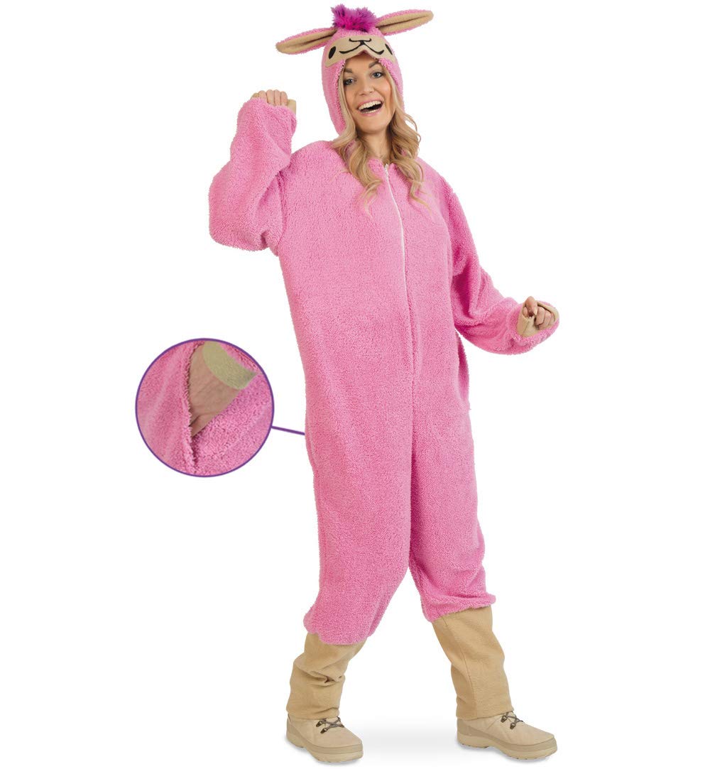 KarnevalsTeufel.de Kostüm Lama für Erwachsene lustiges Tierkostüm in pink Plüsch-Overall mit Kapuze