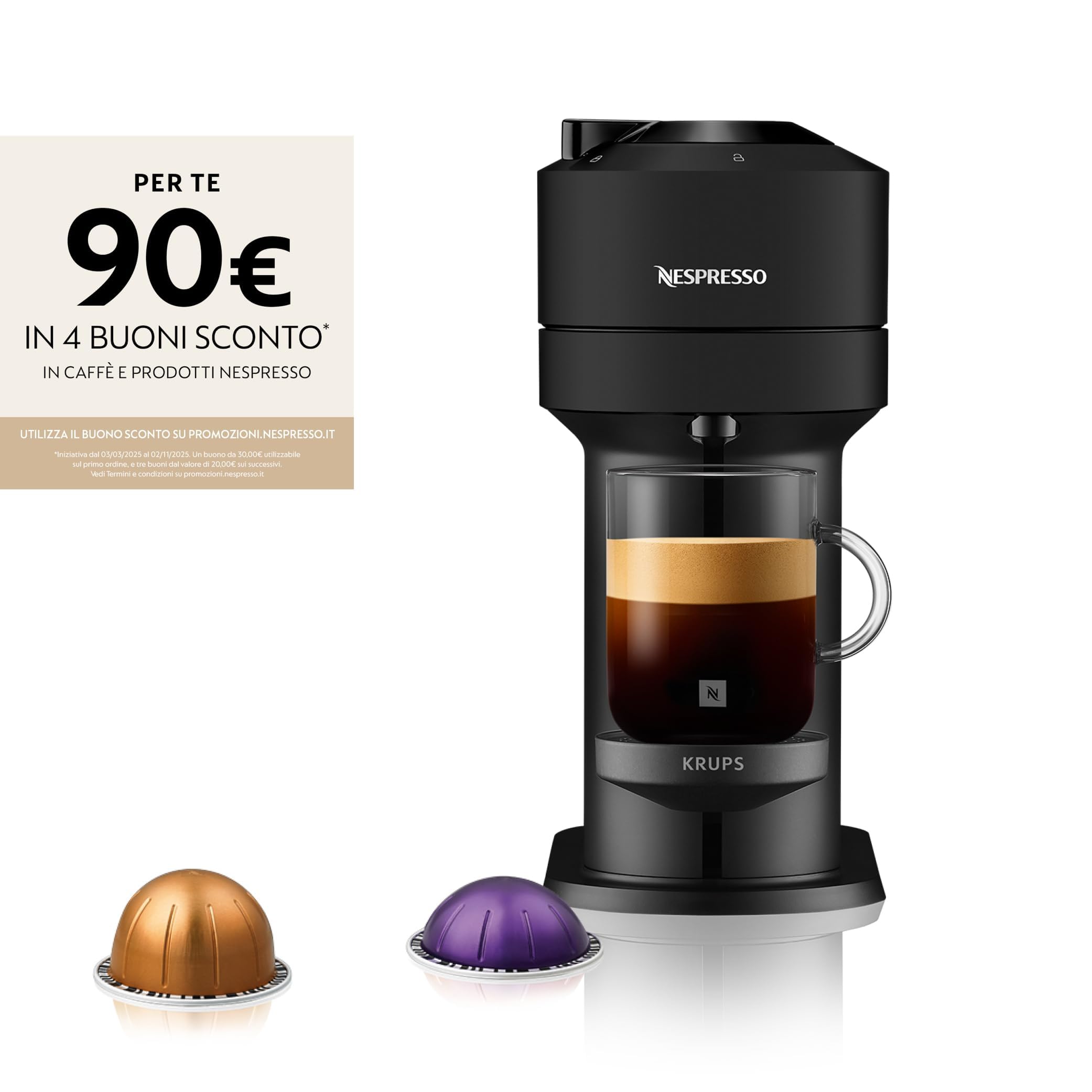 Krups Vertuo Next XN910N Nespresso, Macchina del caffé, 30 secondi di riscaldamento dell’acqua, Spegnimento Automatico, Connettività Bluetooth e Wi-Fi, Nera