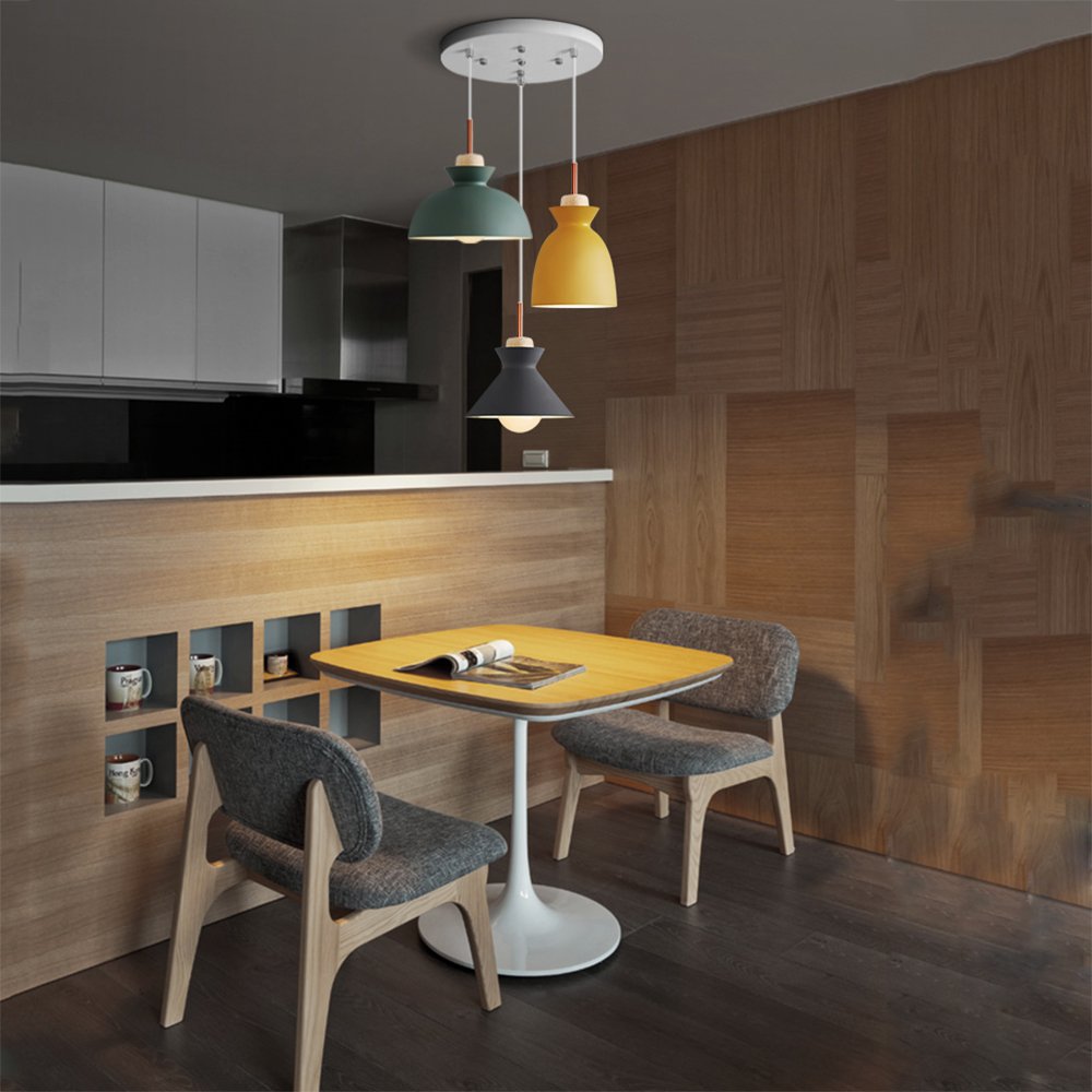 Xdmgg Nordic Modern design hanglamp macaron kleur decoratieve lampen hout en metaal hanglamp in hoogte verstelbaar hanglamp E27 x 3 voor eetkamer