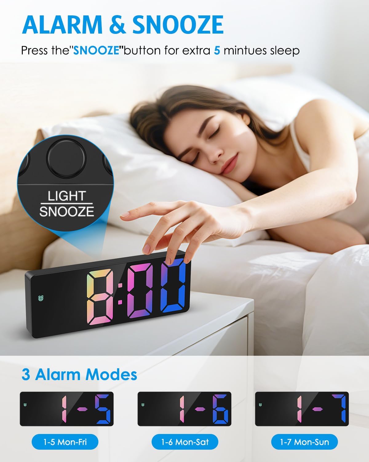 AMIR Digital Alarm Clock, Large Display LED Bedside Clock for Home Colorful | USB/Battery Powered, 3 Adjustable Brightness, 12/24H, Temperature, Snooze, Night Mode, for Bedroom, Office