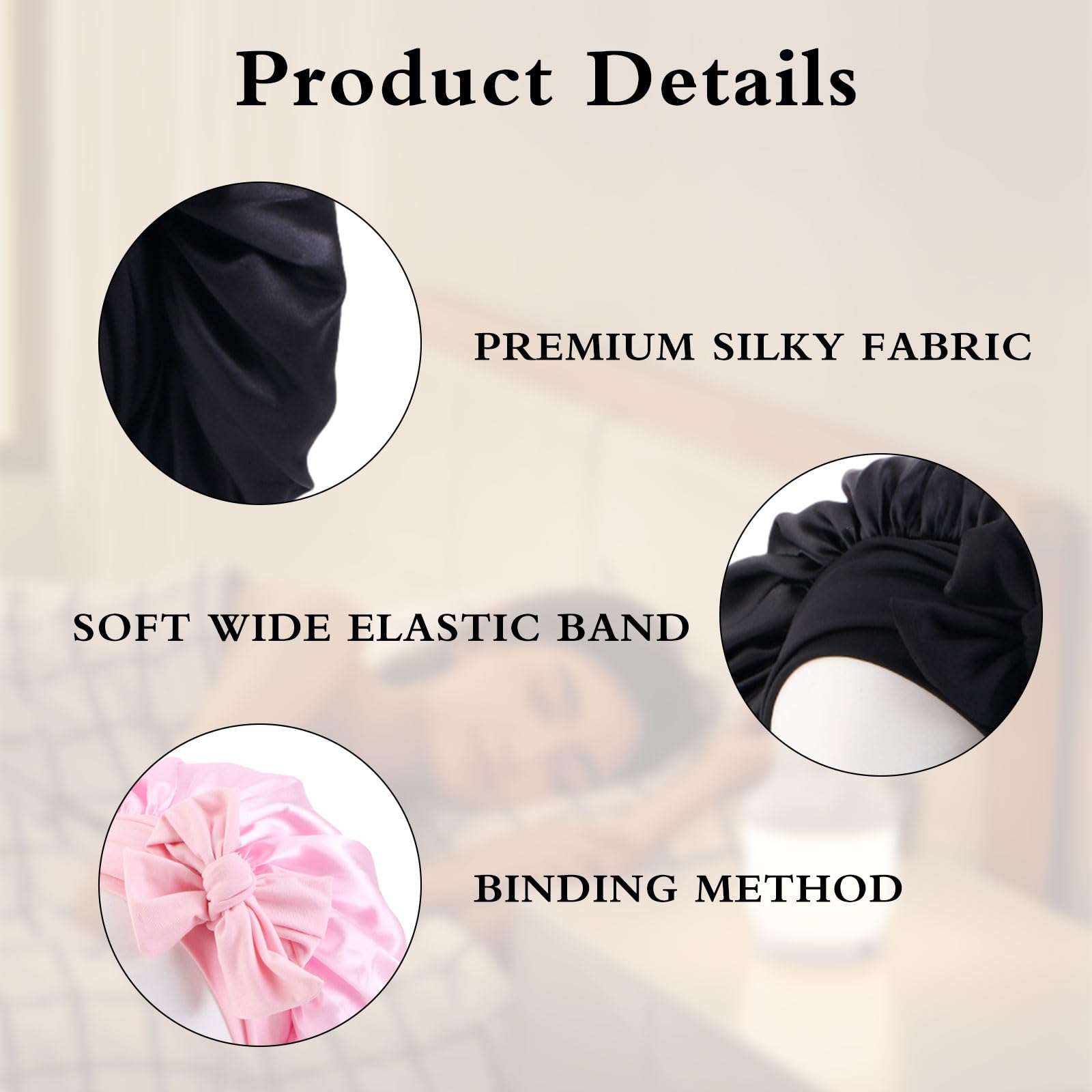 2Pcs Satin Bonnet Wrap for Sleeping Tie Band for Women Long Curly Hair Perfect for Washing Makeup, Sport, Black, 57x36cm - Image 3