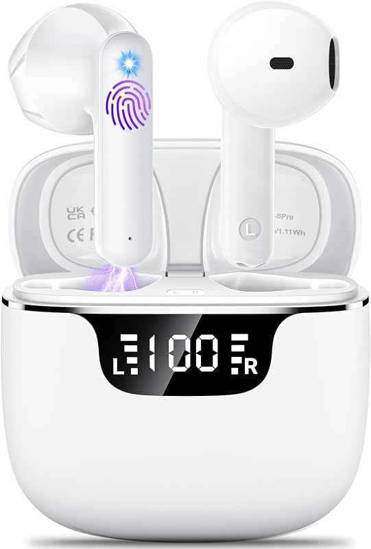auriculares inalámbricos, auriculares Bluetooth 5.4 con auriculares ultraligeros 42H, auriculares Bluetooth con 4 micrófonos de cancelación de ruido ENC, pantalla LED dual de graves profundos HiFi USB-C, auriculares impermeables para Android iOS