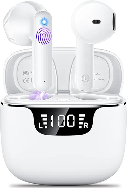 Wireless Earbuds, Bluetooth 5.4 Headphones with 42H Ultralight Ear Buds,Bluetooth Earbuds with 4 ENC Noise Cancelling Mics, HiFi Deep Bass Dual LED Display USB-C, Waterproof Earphones for Android iOS